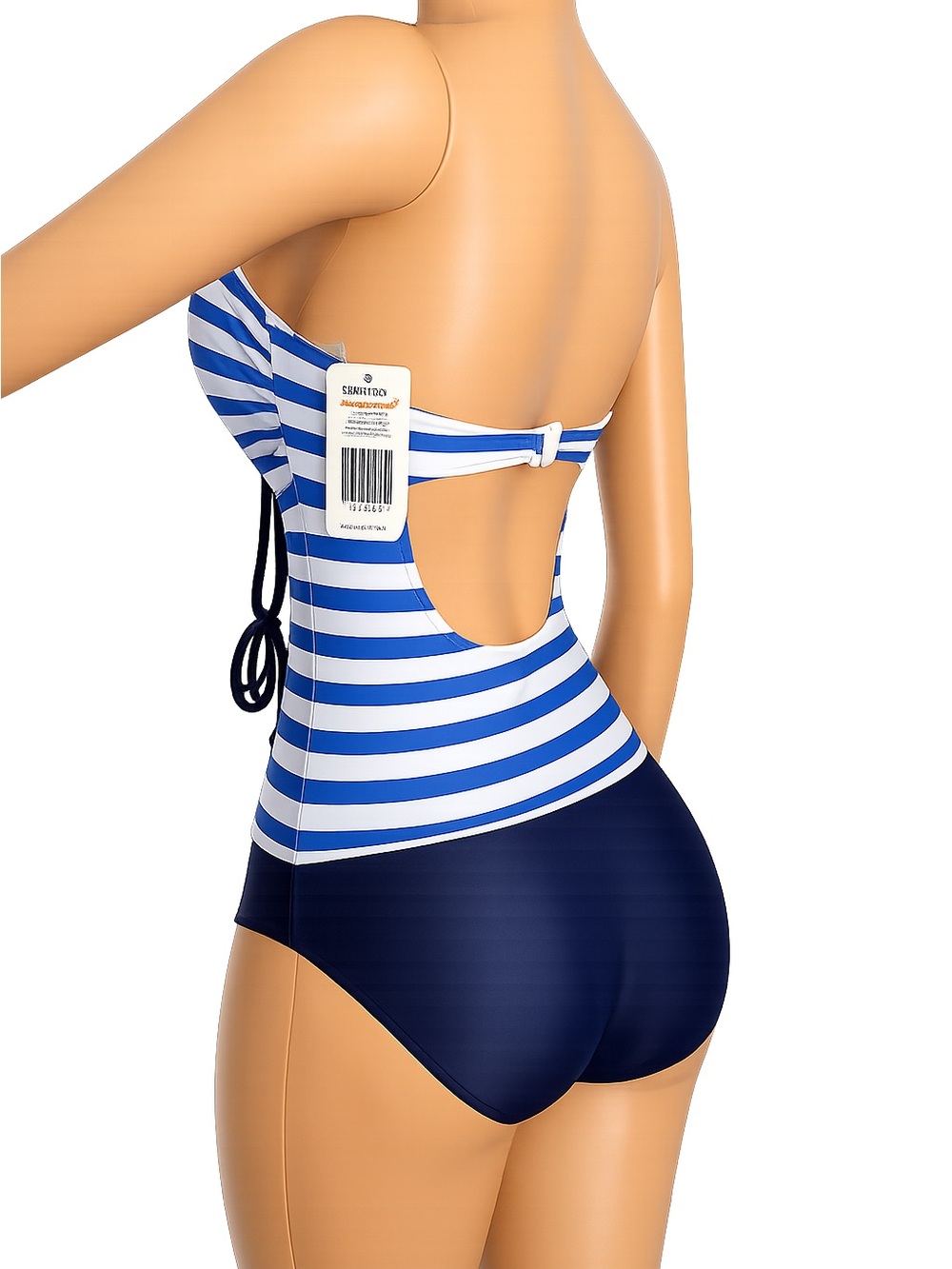 Striped Blue & White One-Piece Bikini with Solid Navy Bottom